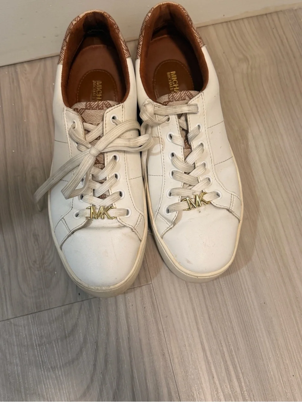 Michael Kors Cream White Leather Sneakers with Gold MK Charm
